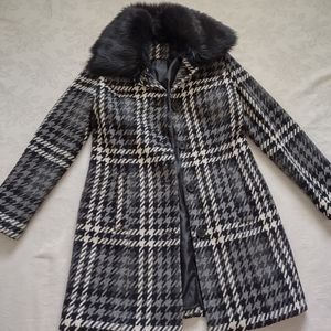 Black faux fur collar checked plaid wool blend coat